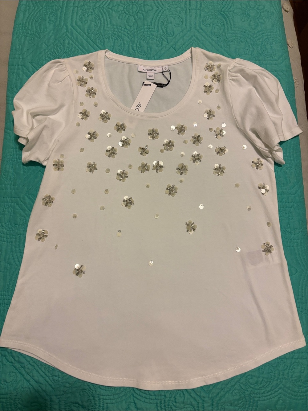 White Short Sleeve Tee with Silver Sequin Flowers